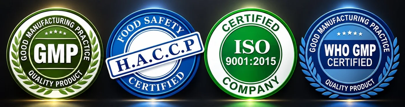 GMP, HACCP Food Safety, ISO 9001:2015 and WHO GMP certification badges